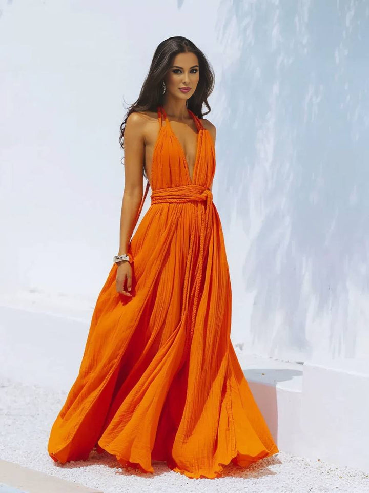 Levoire | Robe Longue Décolleté Plongeant Harnais Dos Nu Ceinture Sans Manches Femme Boho Élégante Décontractée Plage Orange UNE TAILLE
