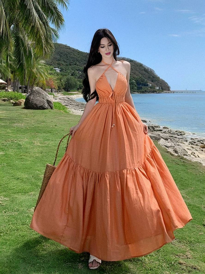 Levoire | Robe Longue À Col En V Avec Volant Sans Manches Mode D'Été Pour Femmes Orange