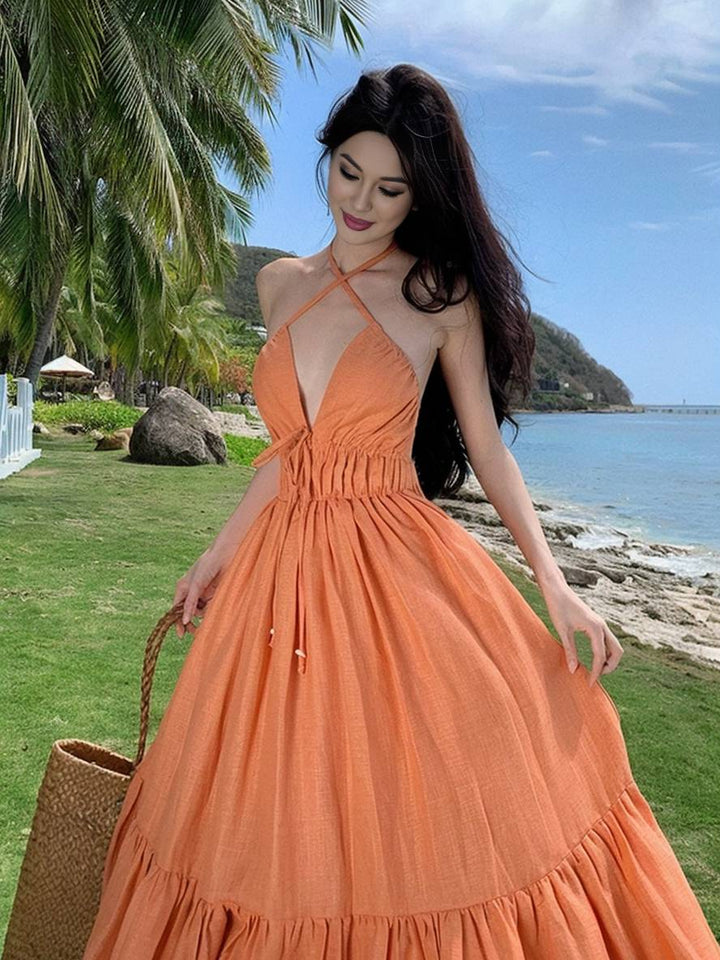 Levoire | Robe Longue À Col En V Avec Volant Sans Manches Mode D'Été Pour Femmes