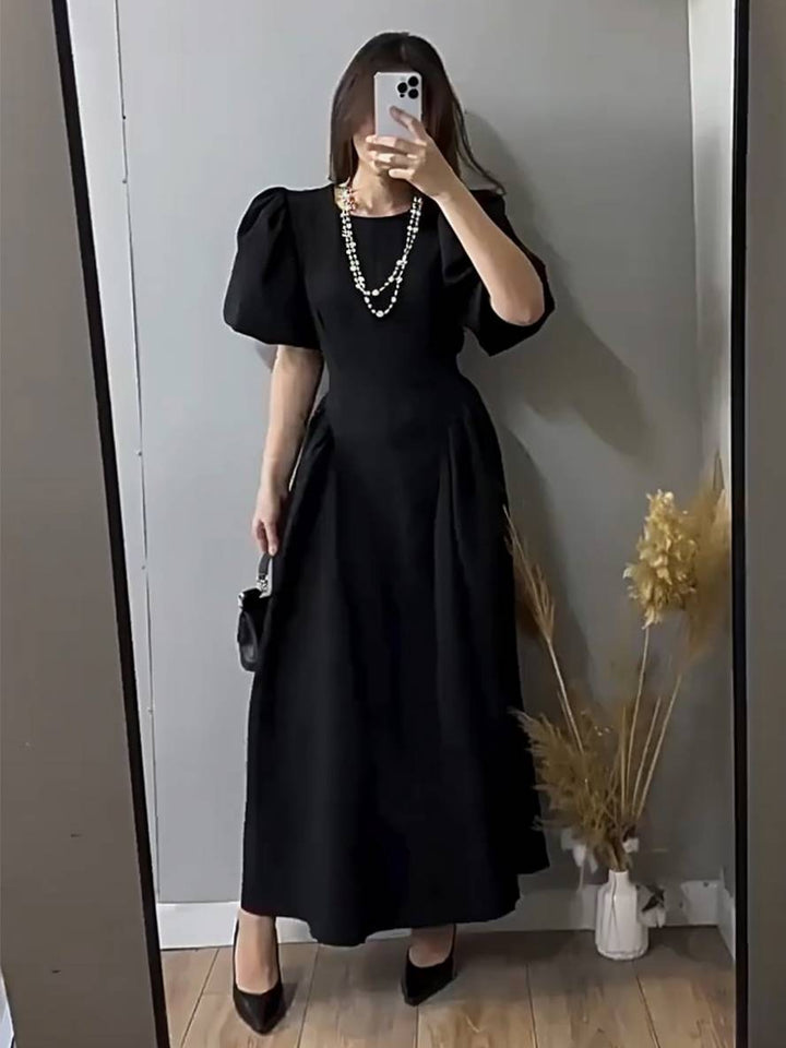 Levoire | Robe Longue Col Rond À Manches Bouffantes Pour Femmes Élégante Décontractée Audrey Hepburn Bal De Promo Noir