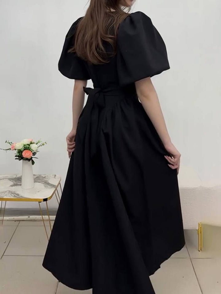 Levoire | Robe Longue Col Rond À Manches Bouffantes Pour Femmes Élégante Décontractée Audrey Hepburn Bal De Promo