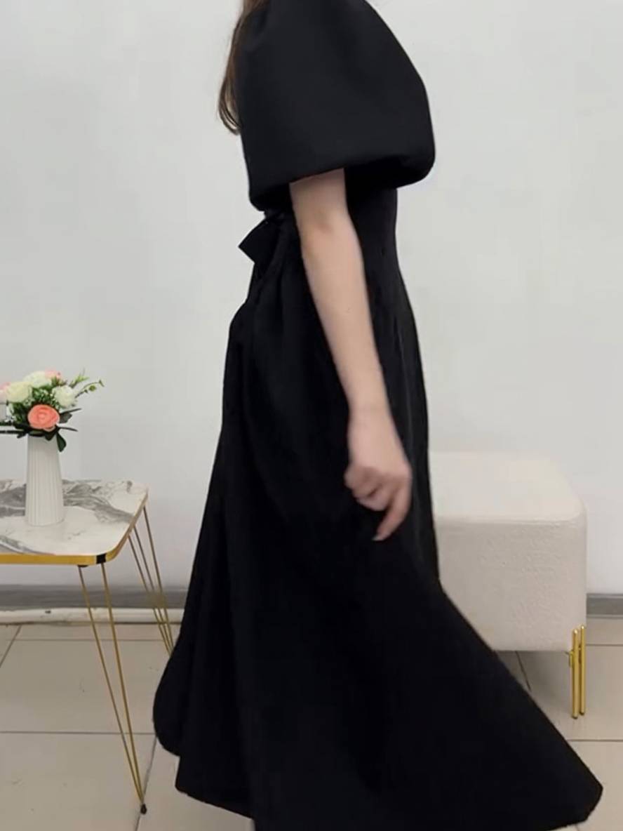 Levoire | Robe Longue Col Rond À Manches Bouffantes Pour Femmes Élégante Décontractée Audrey Hepburn Bal De Promo