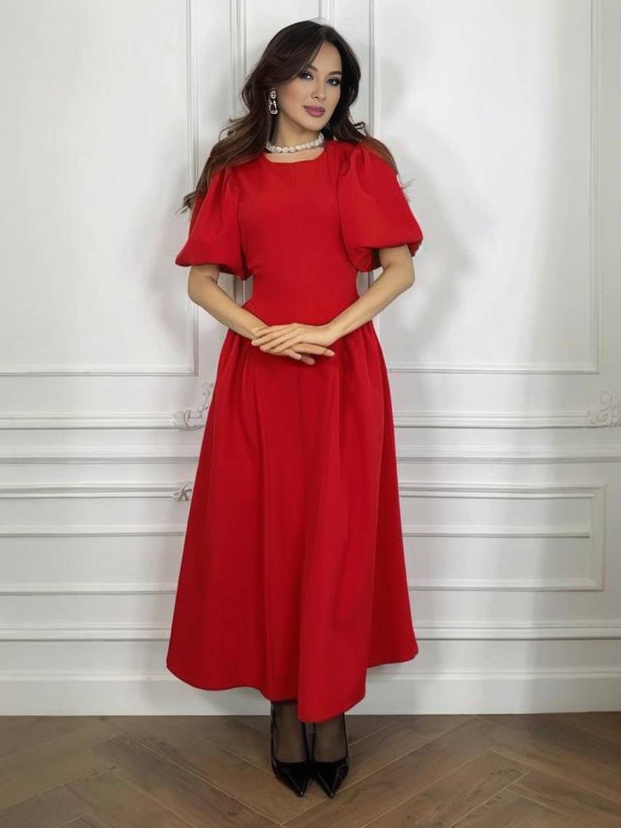 Levoire | Robe Longue Col Rond À Manches Bouffantes Pour Femmes Élégante Décontractée Audrey Hepburn Bal De Promo Rot