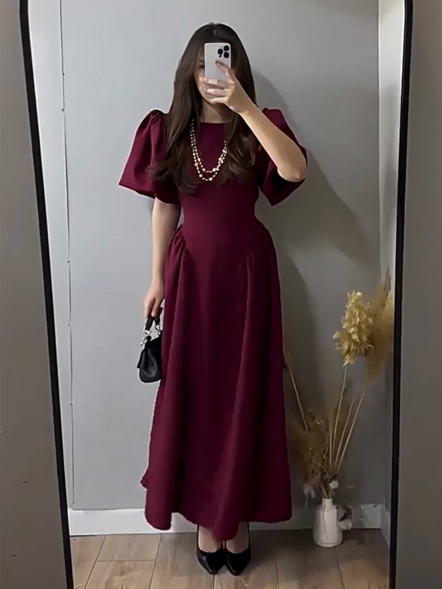 Levoire | Robe Longue Col Rond À Manches Bouffantes Pour Femmes Élégante Décontractée Audrey Hepburn Bal De Promo Bordeaux