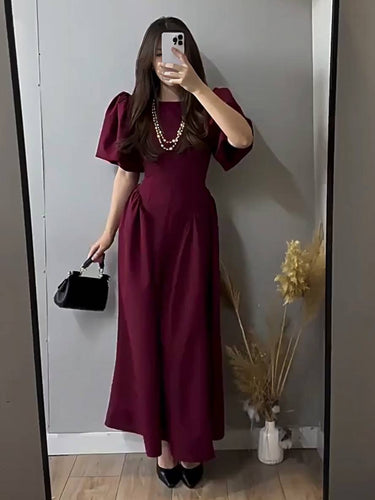 Levoire | Robe Longue Col Rond À Manches Bouffantes Pour Femmes Élégante Décontractée Audrey Hepburn Bal De Promo