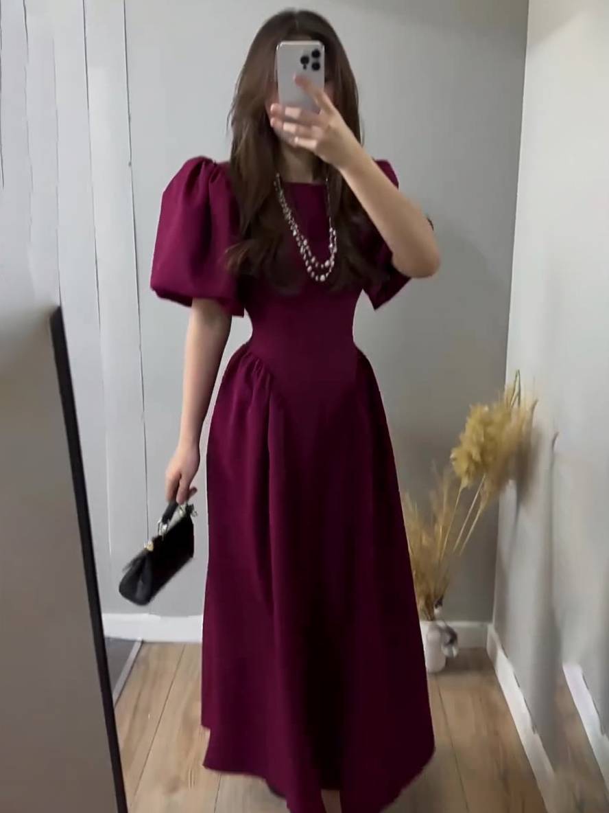 Levoire | Robe Longue Col Rond À Manches Bouffantes Pour Femmes Élégante Décontractée Audrey Hepburn Bal De Promo
