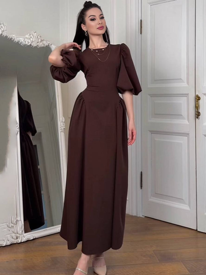 Levoire | Robe Longue Col Rond À Manches Bouffantes Pour Femmes Élégante Décontractée Audrey Hepburn Bal De Promo Café