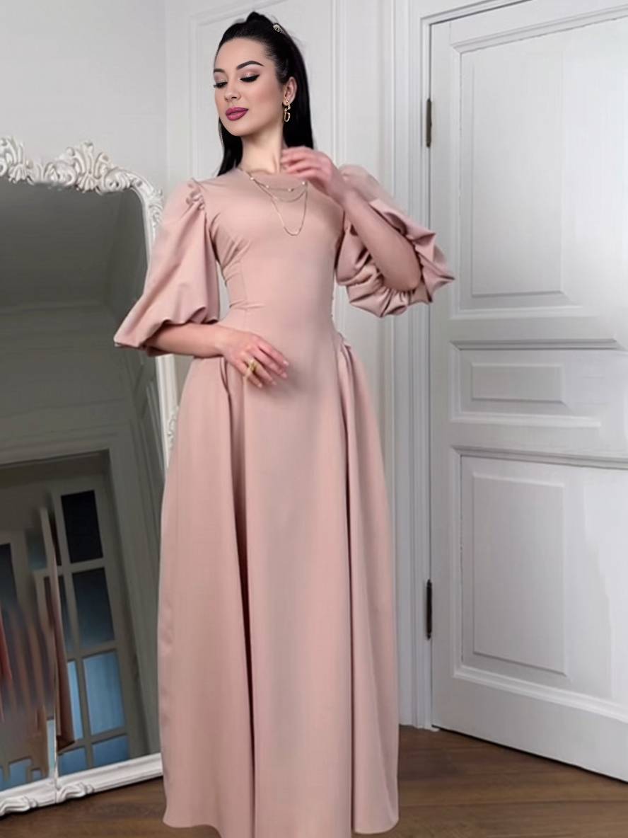 Levoire | Robe Longue Col Rond À Manches Bouffantes Pour Femmes Élégante Décontractée Audrey Hepburn Bal De Promo Rosa