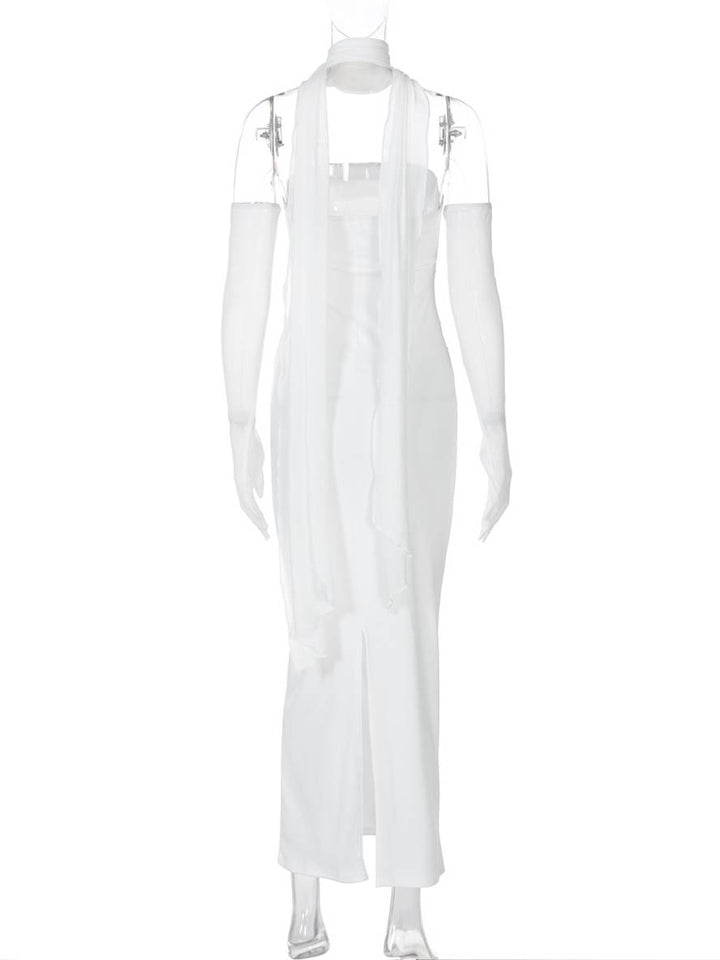 Levoire | Robe Bustier Tulle Longue Moulante Avec Gants En 2 Parties Femme Élégant Vintage Robe De Soirée Pour Mariage