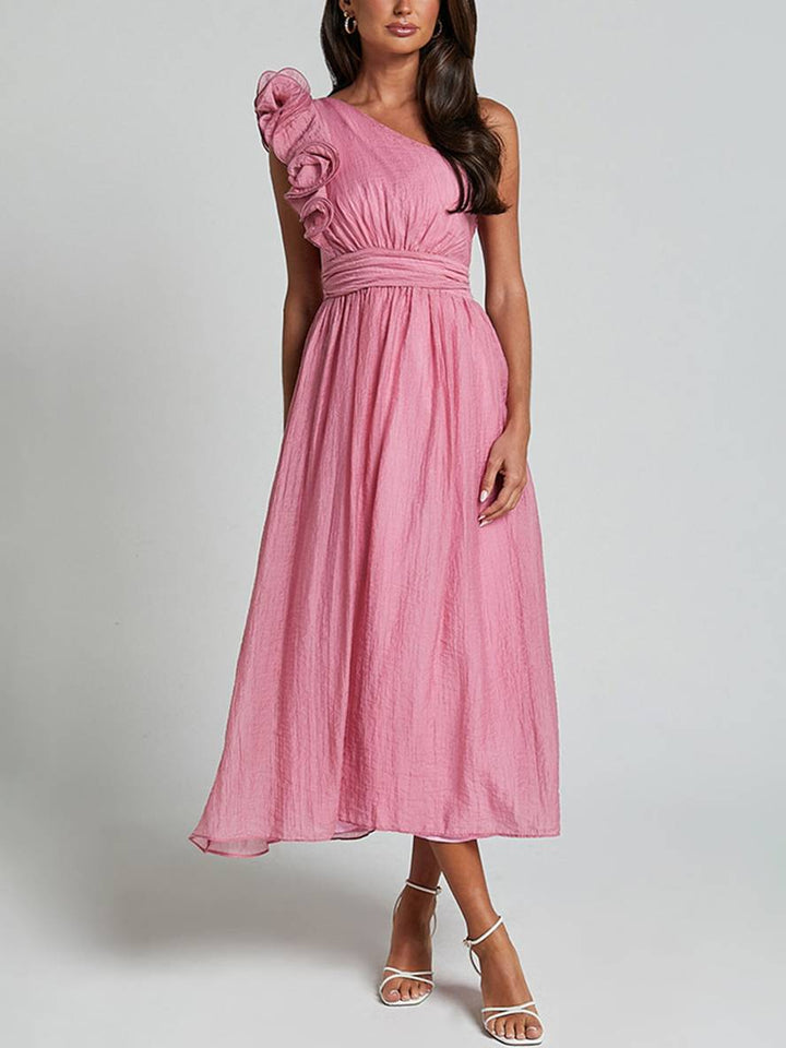 Levoire | Robe Longue À Une Épaule Fluide Avec Volants Dos Nu Sans Manches Élégante Décontractée Plage Rosa