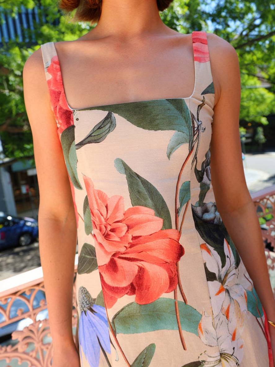Levoire | Robe Longue À Motif Floral Bretelles Décolleté Carré Sans Manches Élégante Décontractée Vintage Soirée Plage