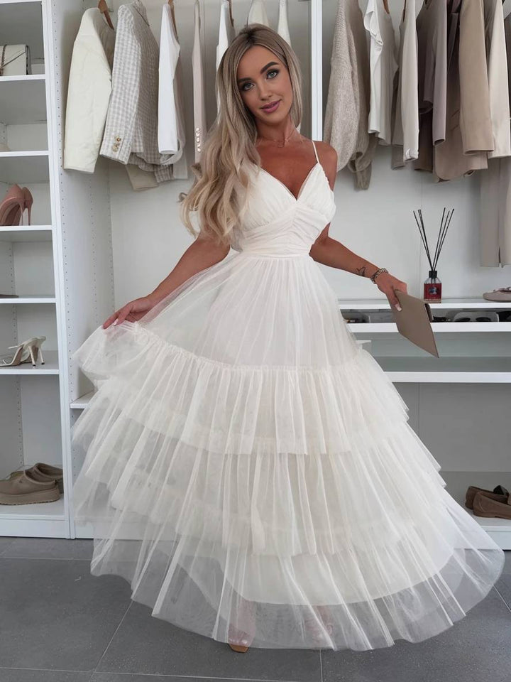 Levoire | Robe Tutu Puff Longue Avec Décolleté Tullev Et Fines Bretelles Décolleté Dos Dame Robe De Cocktail Élégante Pour Anniversaire Blanc