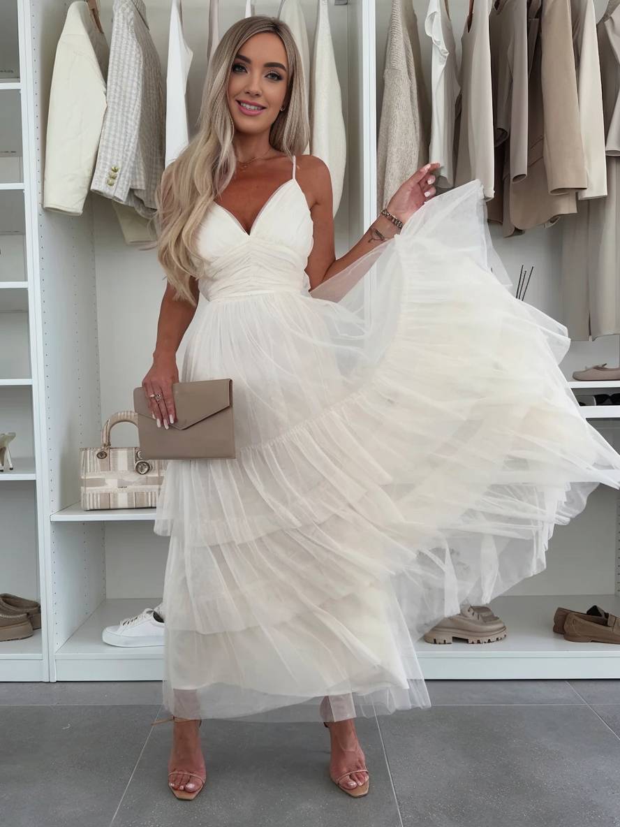 Levoire | Robe Tutu Puff Longue Avec Décolleté Tullev Et Fines Bretelles Décolleté Dos Dame Robe De Cocktail Élégante Pour Anniversaire