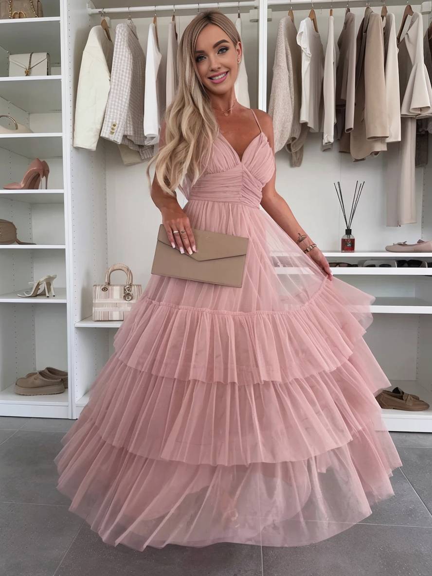 Levoire | Robe Tutu Puff Longue Avec Décolleté Tullev Et Fines Bretelles Décolleté Dos Dame Robe De Cocktail Élégante Pour Anniversaire Rosa