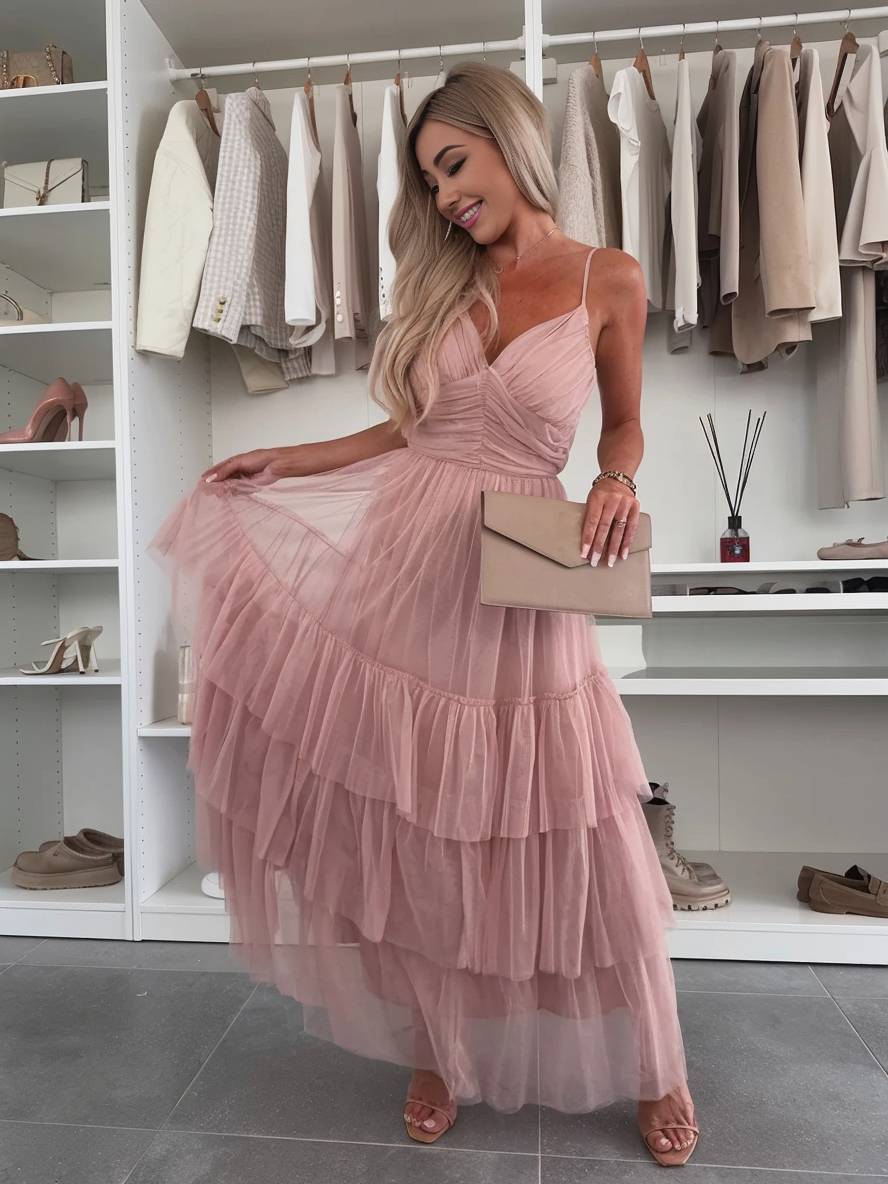Levoire | Robe Tutu Puff Longue Avec Décolleté Tullev Et Fines Bretelles Décolleté Dos Dame Robe De Cocktail Élégante Pour Anniversaire