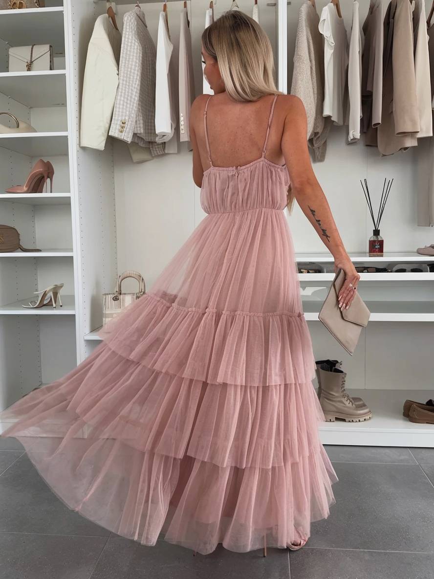 Levoire | Robe Tutu Puff Longue Avec Décolleté Tullev Et Fines Bretelles Décolleté Dos Dame Robe De Cocktail Élégante Pour Anniversaire