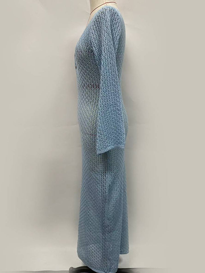 Levoire | Robe Au Crochet Longue Avec Décolleté En V Manches Repliées Manches Longues Femme Loisirs Pour Vacances Et Plage