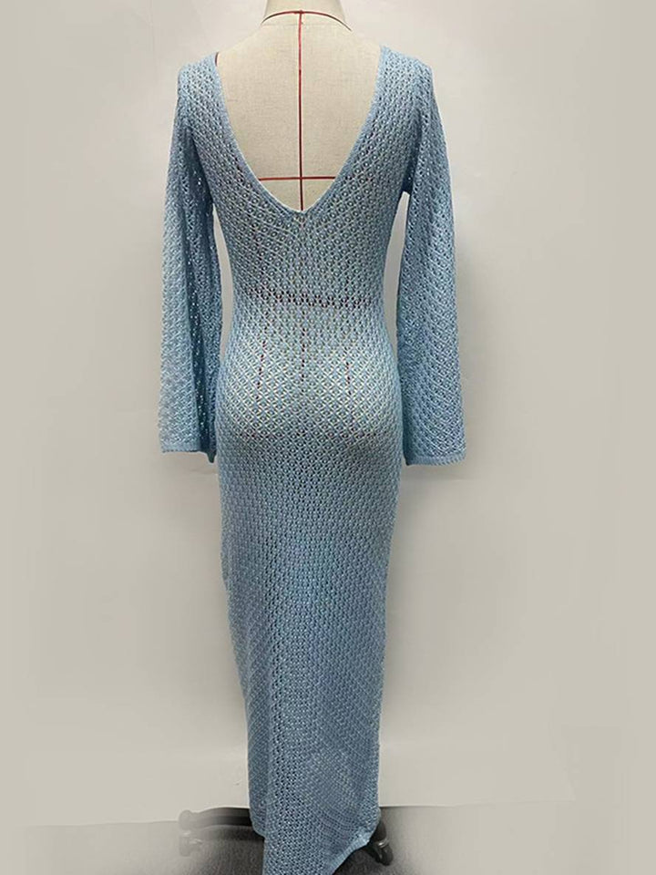 Levoire | Robe Au Crochet Longue Avec Décolleté En V Manches Repliées Manches Longues Femme Loisirs Pour Vacances Et Plage