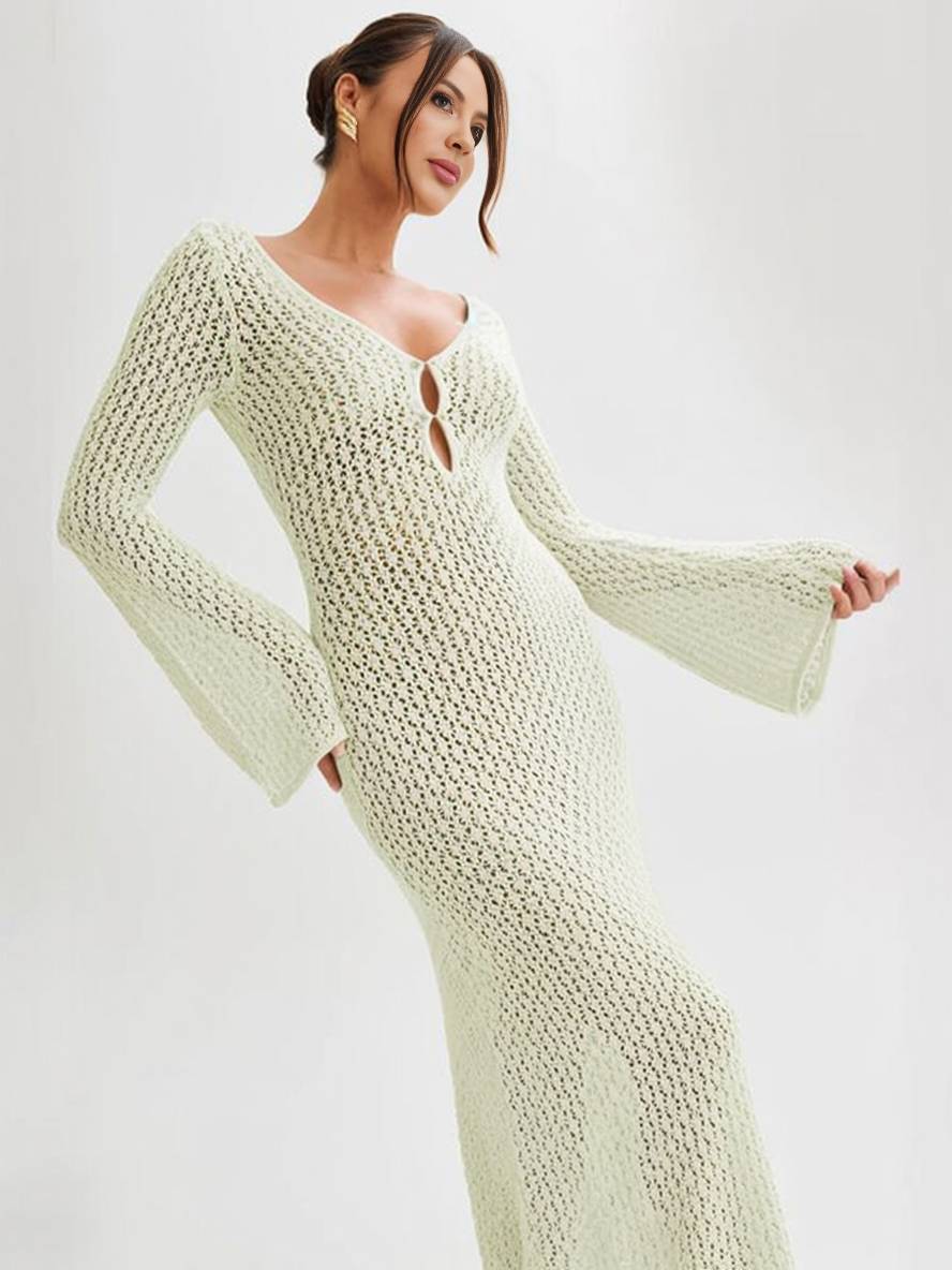 Levoire | Robe Au Crochet Longue Avec Décolleté En V Manches Repliées Manches Longues Femme Loisirs Pour Vacances Et Plage