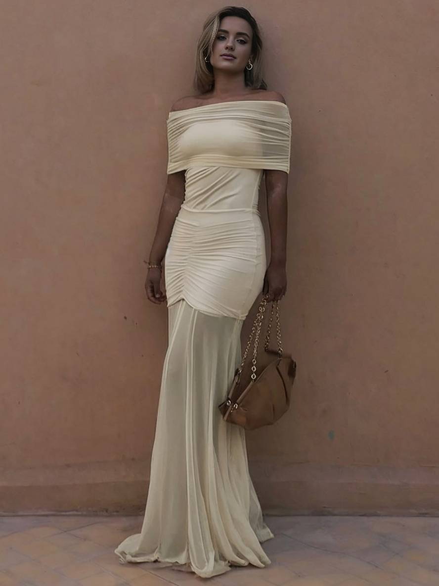 Levoire | Robe Longue Ajustée Col Bateau Sans Manches Tulle Fluide Femme Élégante Soirée Pour Mariage Cérémonie