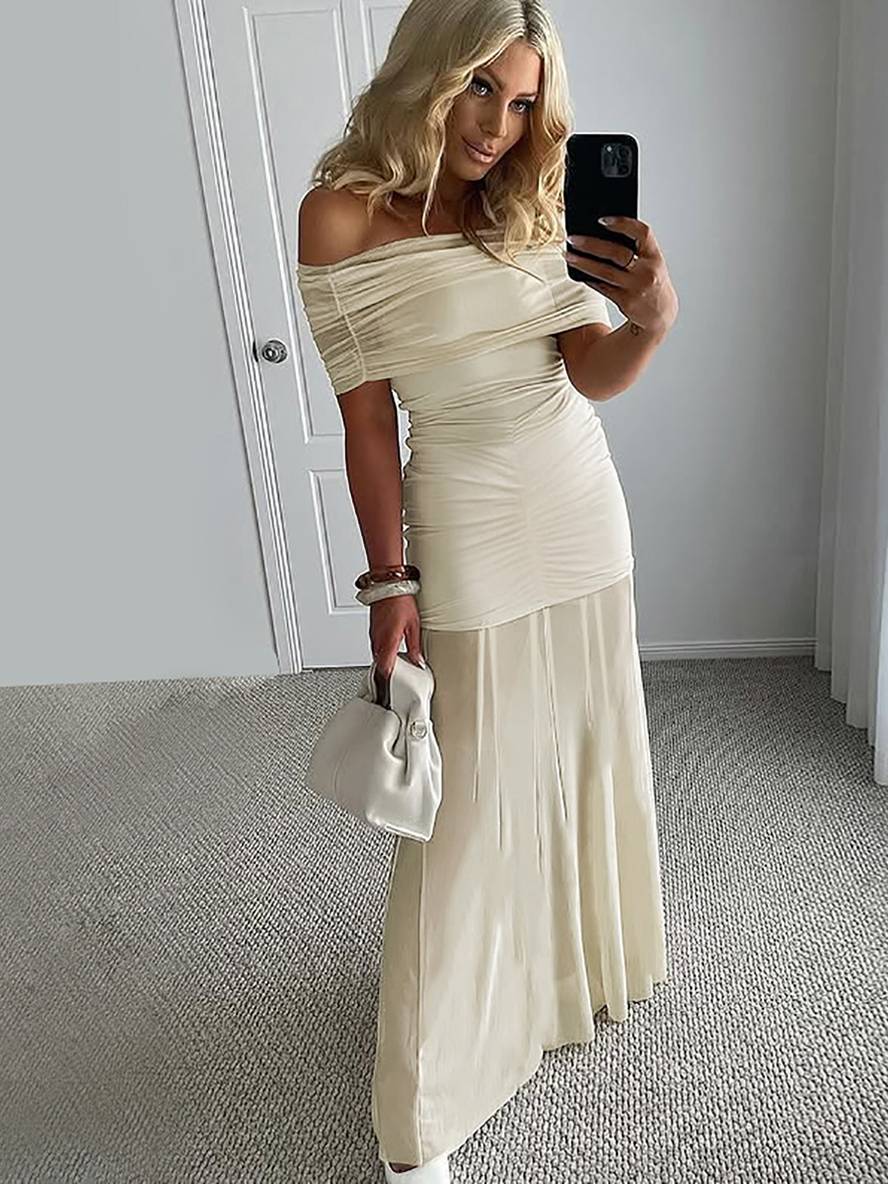 Levoire | Robe Longue Ajustée Col Bateau Sans Manches Tulle Fluide Femme Élégante Soirée Pour Mariage Cérémonie
