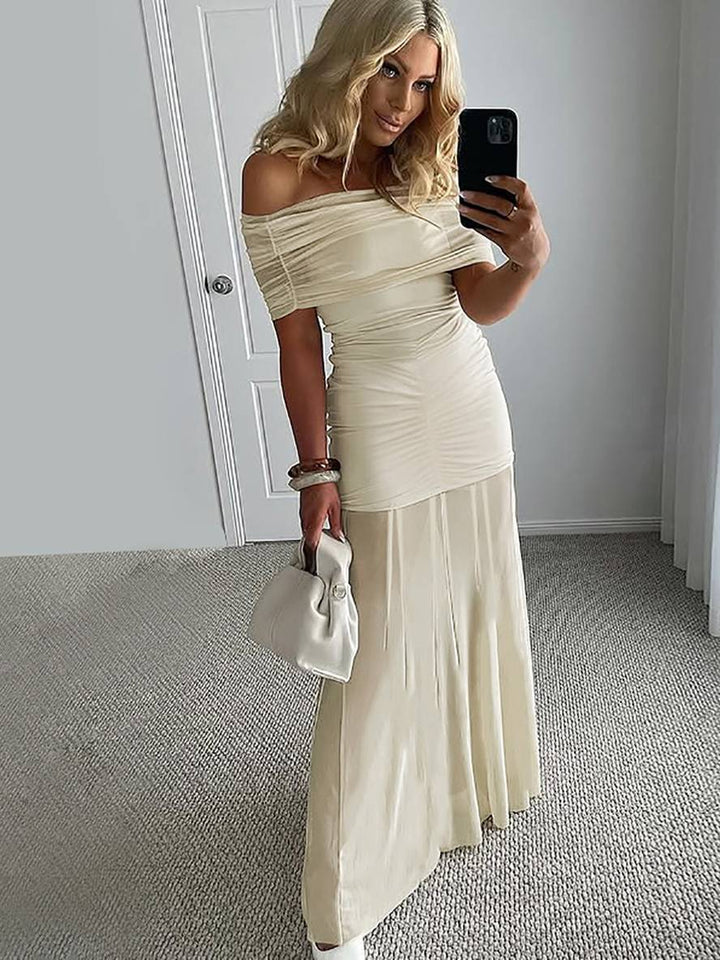 Levoire | Robe Longue Ajustée Col Bateau Sans Manches Tulle Fluide Femme Élégante Soirée Pour Mariage Cérémonie