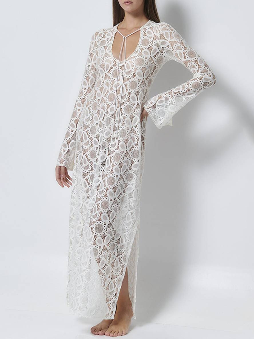 Levoire | Robe Longue En Dentelle Avec Fente Latérale Brodée En V Manches Évasées Manches Longues Transparente Dames Plage Loisirs