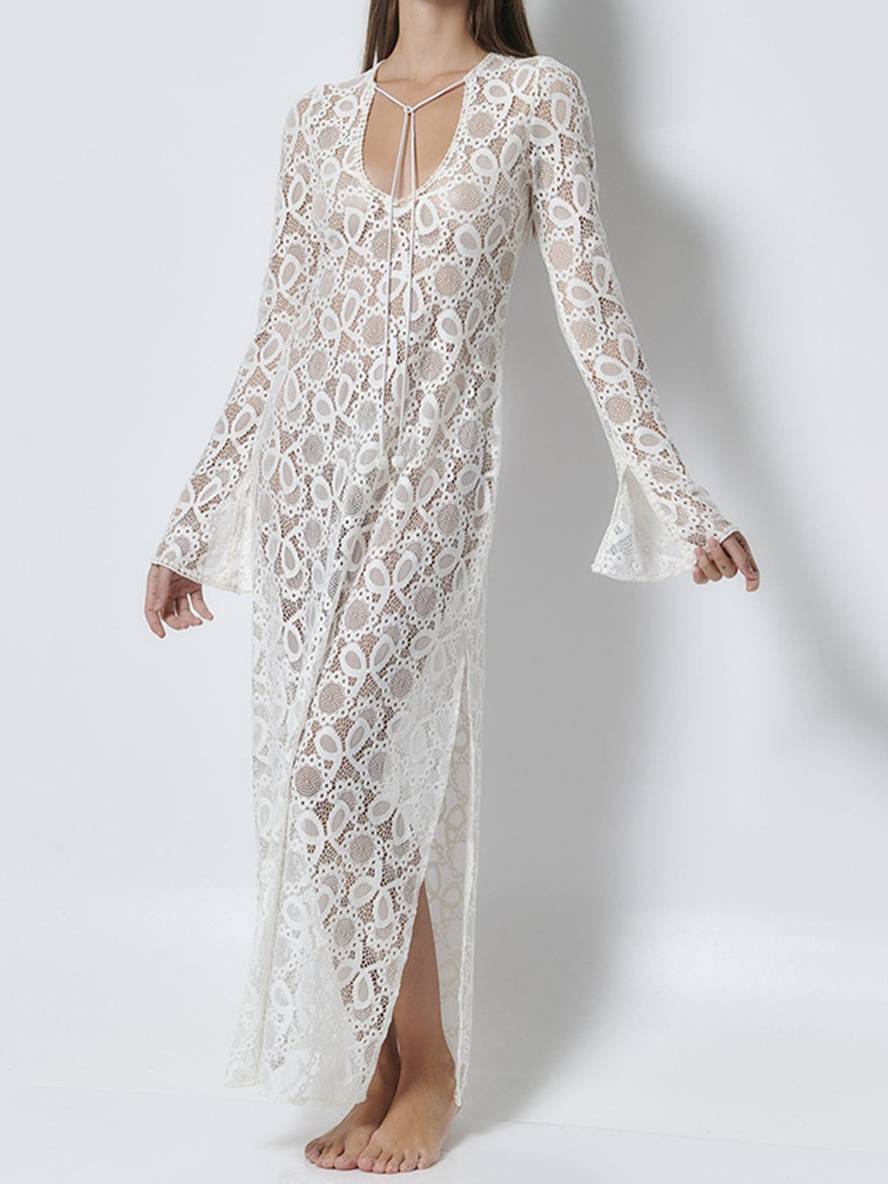Levoire | Robe Longue En Dentelle Avec Fente Latérale Brodée En V Manches Évasées Manches Longues Transparente Dames Plage Loisirs