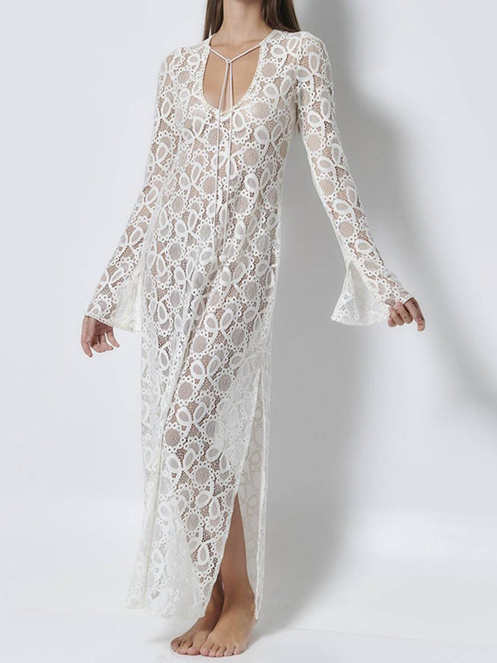 Levoire | Robe Longue En Dentelle Avec Fente Latérale Brodée En V Manches Évasées Manches Longues Transparente Dames Plage Loisirs