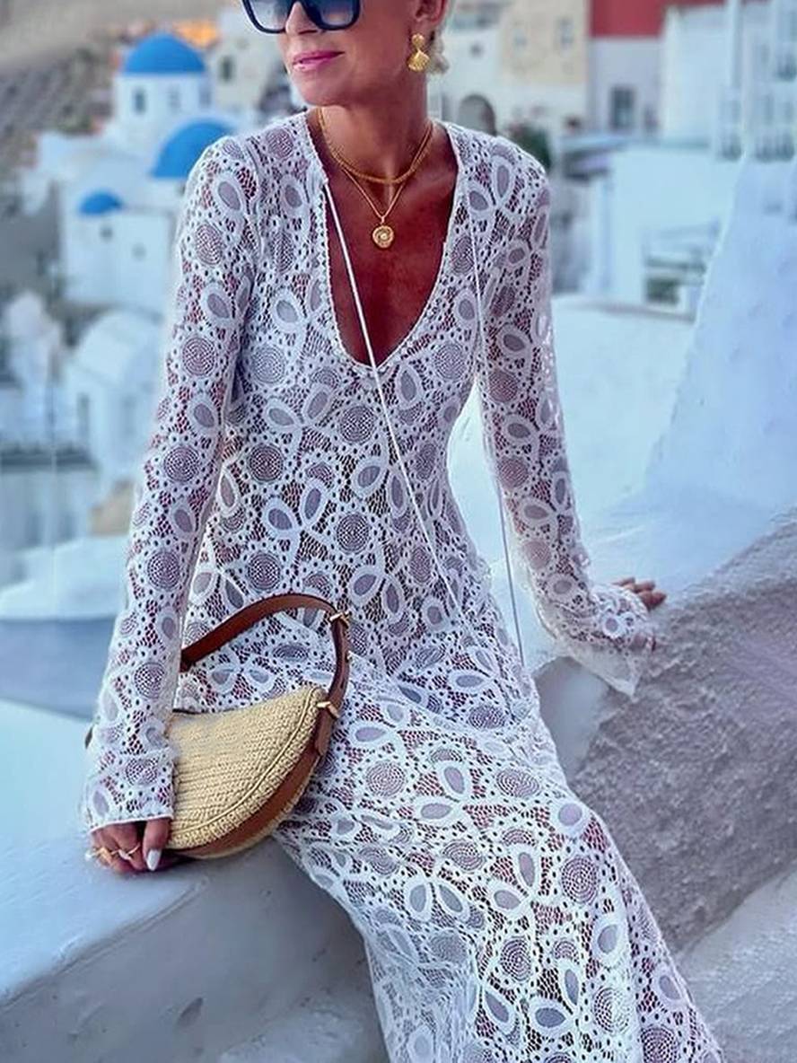Levoire | Robe Longue En Dentelle Avec Fente Latérale Brodée En V Manches Évasées Manches Longues Transparente Dames Plage Loisirs