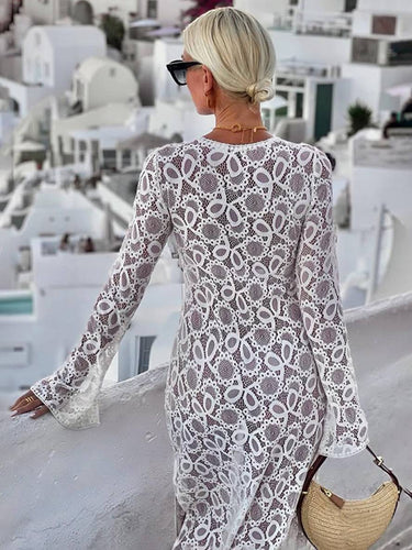Levoire | Robe Longue En Dentelle Avec Fente Latérale Brodée En V Manches Évasées Manches Longues Transparente Dames Plage Loisirs