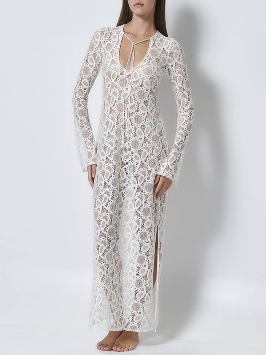 Levoire | Robe Longue En Dentelle Avec Fente Latérale Brodée En V Manches Évasées Manches Longues Transparente Dames Plage Loisirs