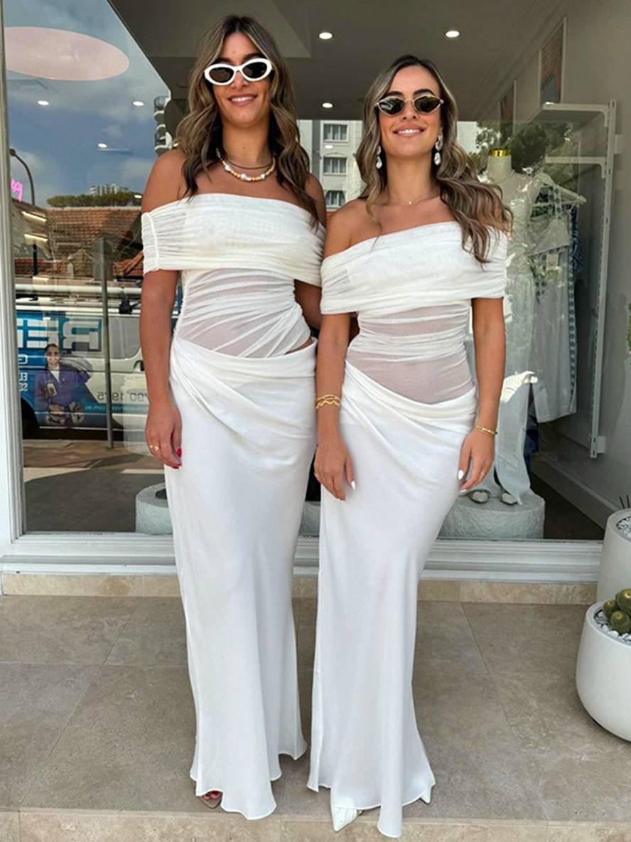 Levoire | Robe Longue Décolleté Bottes En Tulle Découpes Serre Moulante Irrégulière Avec Volants En Mesh Robe Longue De Vacances Pour Femmes