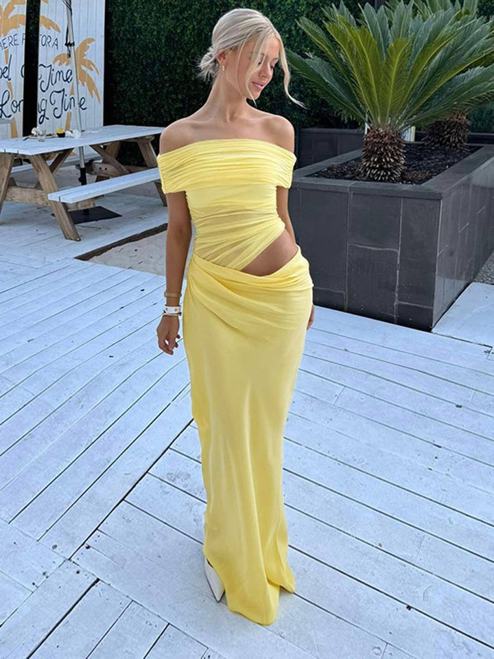 Levoire | Robe Longue Décolleté Bottes En Tulle Découpes Serre Moulante Irrégulière Avec Volants En Mesh Robe Longue De Vacances Pour Femmes Jaune