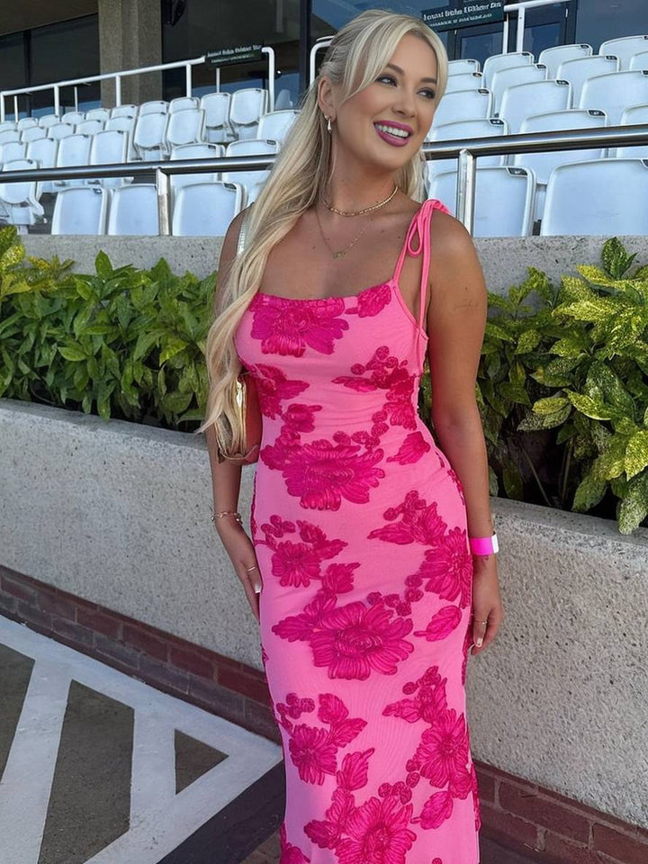Levoire | Robe Longue En Béton Figuratif Brodée De Fleurs, À Dos Nu Avec Fines Bretelles Sans Manches Pour Femmes Élégante Décontractée Soirée Plage