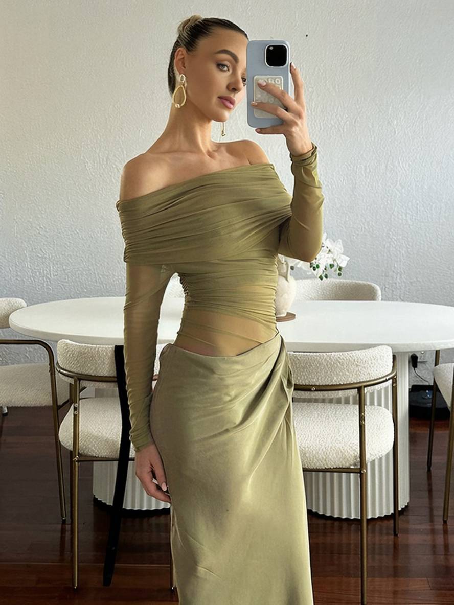Levoire | Robe En Tulle Longue Ajustée Avec Manches Longues Dénudées Et Effet Ajouré Décontracté Robe De Bal