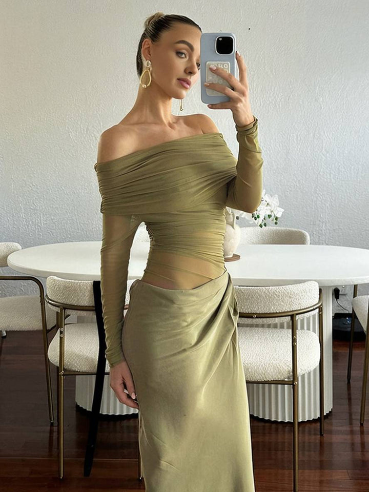 Levoire | Robe En Tulle Longue Ajustée Avec Manches Longues Dénudées Et Effet Ajouré Décontracté Robe De Bal
