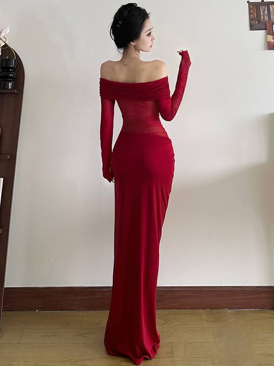 Levoire | Robe En Tulle Longue Ajustée Avec Manches Longues Dénudées Et Effet Ajouré Décontracté Robe De Bal