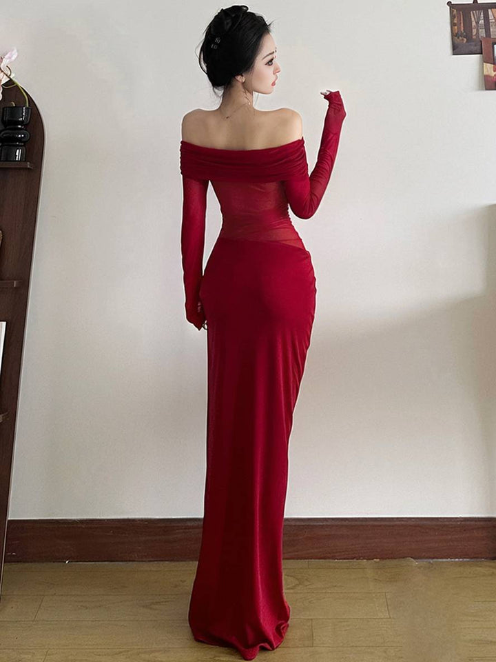 Levoire | Robe En Tulle Longue Ajustée Avec Manches Longues Dénudées Et Effet Ajouré Décontracté Robe De Bal