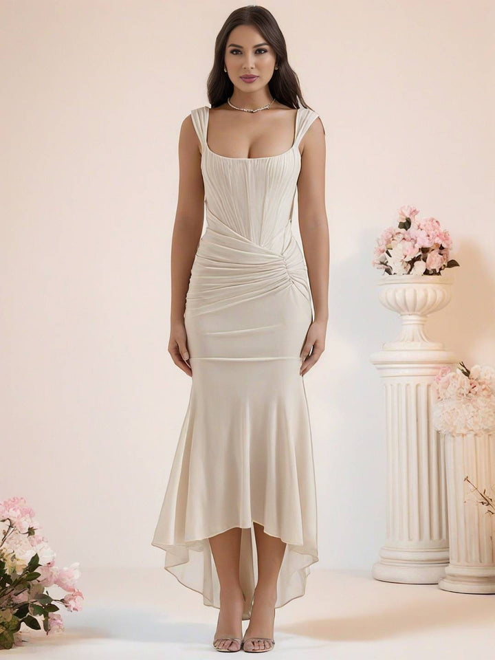 Levoire | Robe De Soirée Longue Élastique En Dentelle Sirène Corset Décolleté En Bateau Sans Manches Pour Dames Élégante Cérémonie Beige