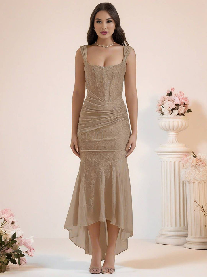 Levoire | Robe De Soirée Longue Élastique En Dentelle Sirène Corset Décolleté En Bateau Sans Manches Pour Dames Élégante Cérémonie Khaki