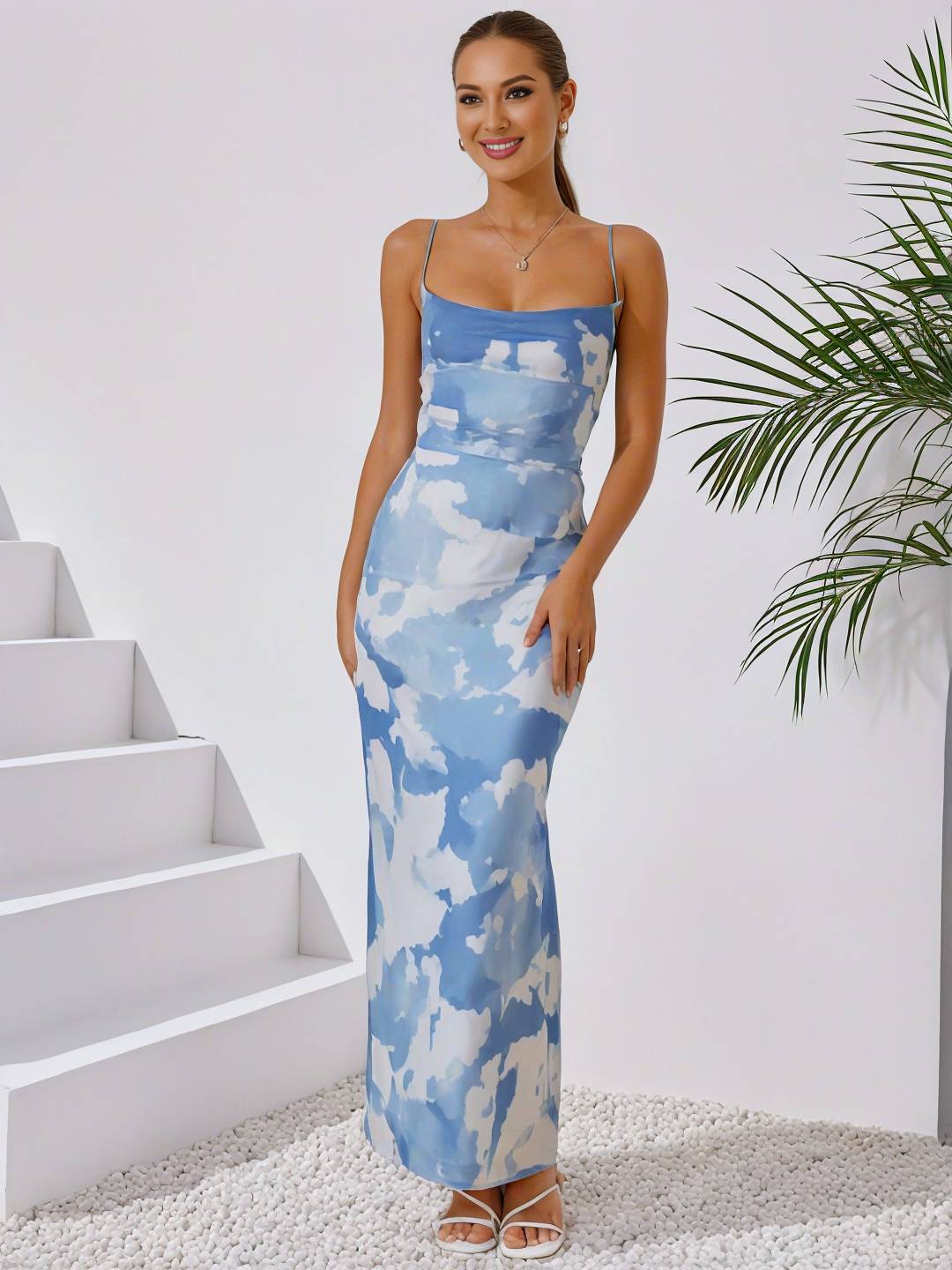 Levoire | Robe Longue À Motif Floral Avec Bretelles Fines, Dos Nu, Sans Manches, Élégante, Robe De Soirée Pour Dames, Cérémonie Bleu pastel