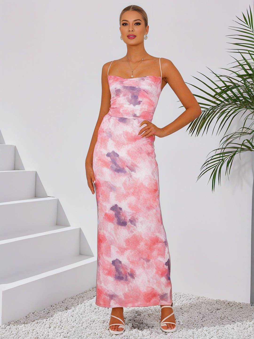 Levoire | Robe Longue À Motif Floral Avec Bretelles Fines, Dos Nu, Sans Manches, Élégante, Robe De Soirée Pour Dames, Cérémonie Rosa