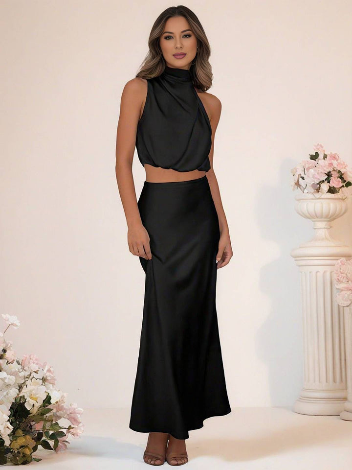 Levoire | Robe De Demoiselle D'Honneur Satin Col Roulé Sans Manches Cropped Jupe Longue Femme Élégante Robe De Témoin Noir