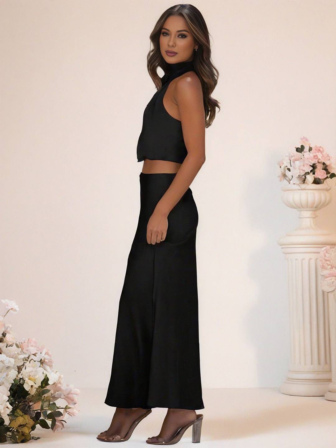 Levoire | Robe De Demoiselle D'Honneur Satin Col Roulé Sans Manches Cropped Jupe Longue Femme Élégante Robe De Témoin