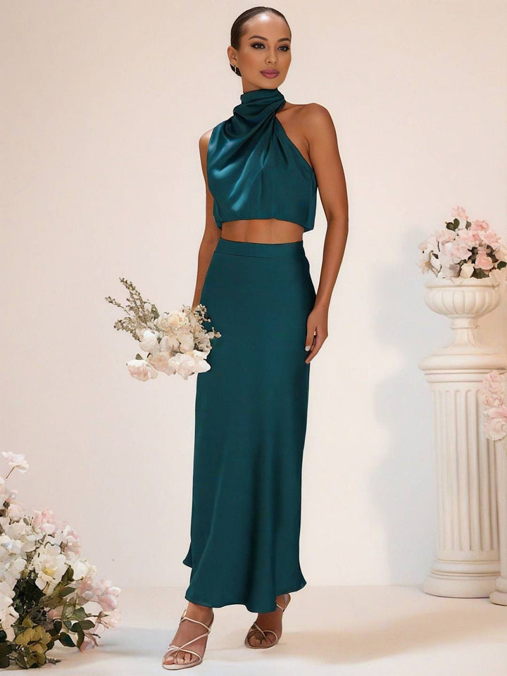 Levoire | Robe De Demoiselle D'Honneur Satin Col Roulé Sans Manches Cropped Jupe Longue Femme Élégante Robe De Témoin Entenbleu