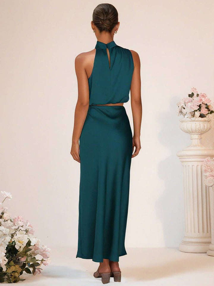 Levoire | Robe De Demoiselle D'Honneur Satin Col Roulé Sans Manches Cropped Jupe Longue Femme Élégante Robe De Témoin
