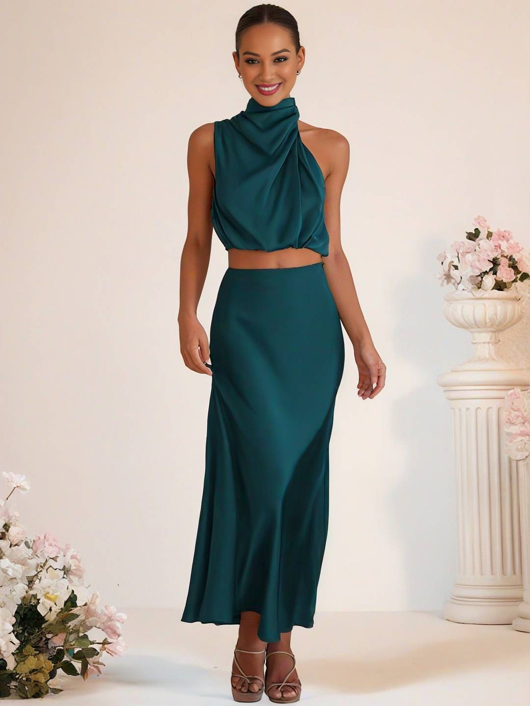 Levoire | Robe De Demoiselle D'Honneur Satin Col Roulé Sans Manches Cropped Jupe Longue Femme Élégante Robe De Témoin