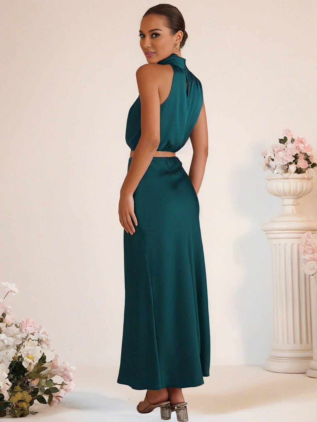 Levoire | Robe De Demoiselle D'Honneur Satin Col Roulé Sans Manches Cropped Jupe Longue Femme Élégante Robe De Témoin