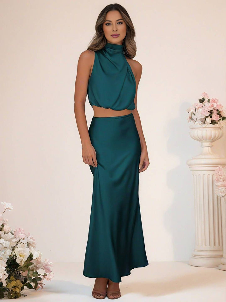 Levoire | Robe De Demoiselle D'Honneur Satin Col Roulé Sans Manches Cropped Jupe Longue Femme Élégante Robe De Témoin